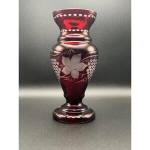Vintage Egermann Czech Boho Ruby Red Cut To Clear Etched Glass Footed Vase 60’s